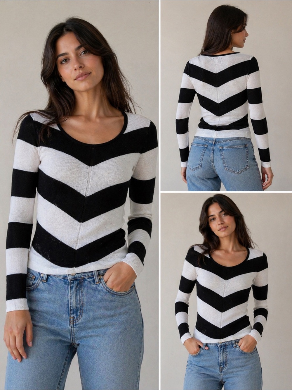 Jennifer Lopez Black and White Chevron Scoop Neck Sweater